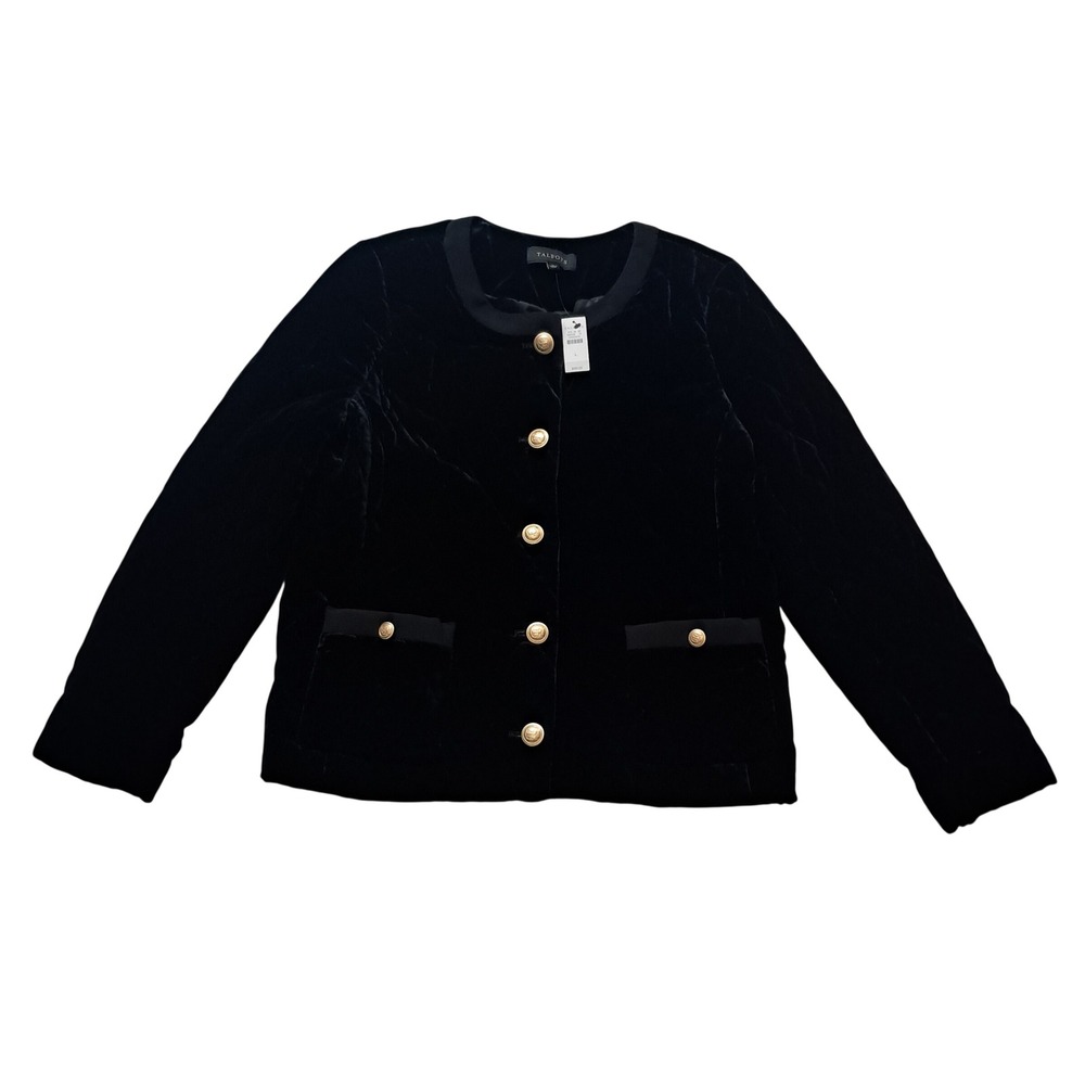 NWT Talbots Velvet Quilted Jacket Womens Large Black Gold Buttons Old Money